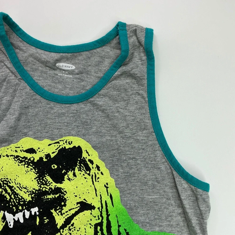 Old Navy Gray T-Rex Graphic Tank Top Kids Size M 8 Dinosaur Teal Trim